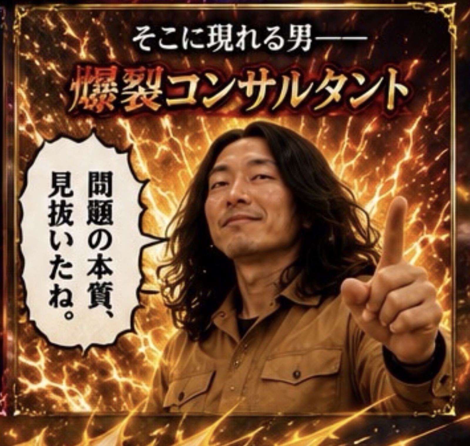 稲妻と宇宙を背に自信に満ちた表情を見せる爆裂コンサルタント